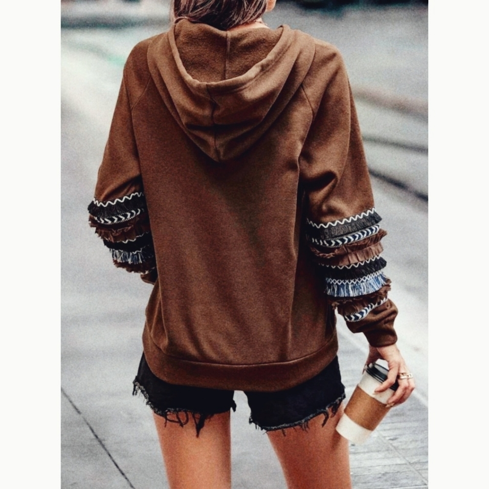 NEW Boho Fringe Sleeve Hoodie Sweatshirt Pullover Long Sleeve Brown Gray Blue - Picture 4 of 8